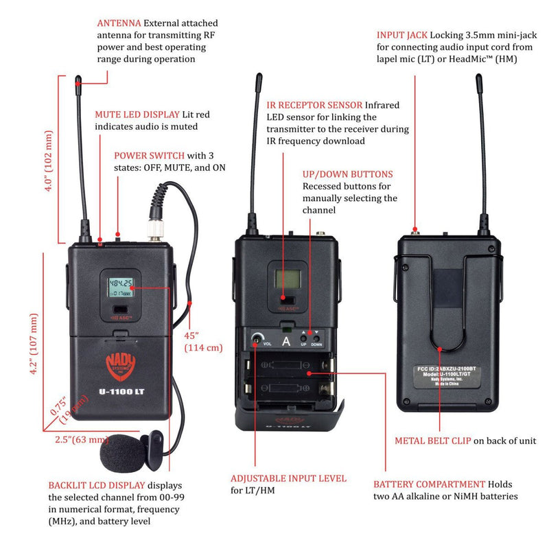 Nady U-1100 LT 100-Channel UHF Wireless Lapel & Headset Microphone System