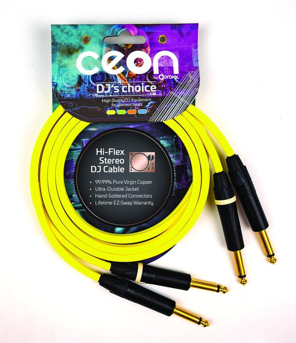 Cordial 10' DJ Dual/Mono 1/4″ TS to 1/4″ TS Cable - Neon Yellow - CEONDJPLUG3Y