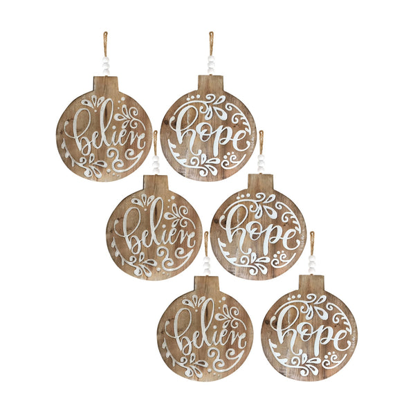 Wood Believe and Hope Sentiment Ornament with Bead Hanger (Set of 6)