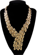 Bib Necklace Statement Gold Color Leaves w/ Rhinestones - 16" - Cocktail