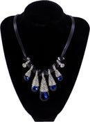 Statement Necklace w/ Sapphire Blue Crystals Black Beads & Rhinestone Accents 17"