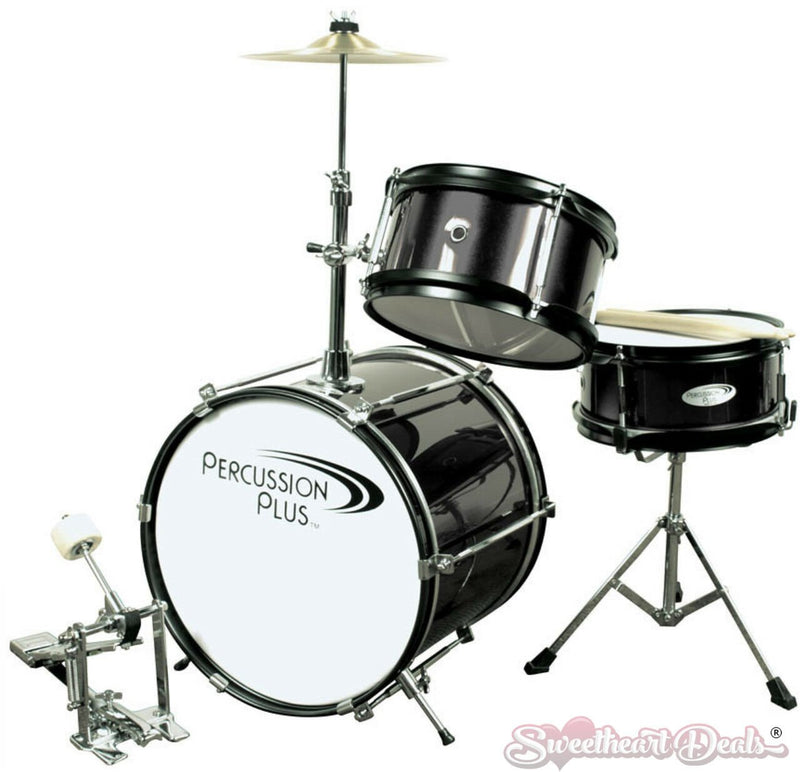 Percussion Plus Drums 3-Piece Mini Drum Set w/ Cymbal – Black