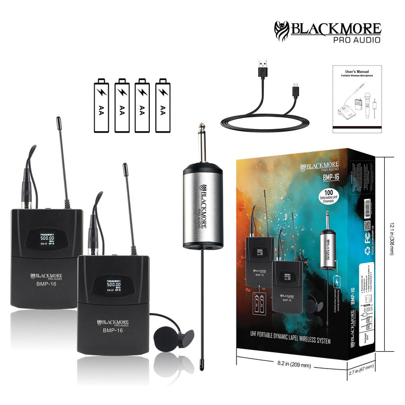 Blackmore Dual Portable Dynamic Lapel Wireless UHF Microphone System - BMP-16