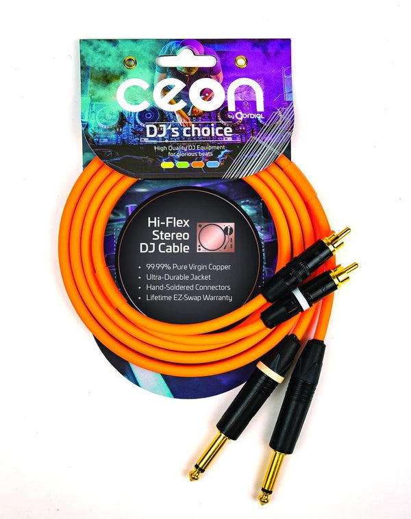 Cordial 10' Hi-Flex DJ Dual - RCA to 1/4″ TS - Neon Orange - CEONDJPLUG-RCA3O