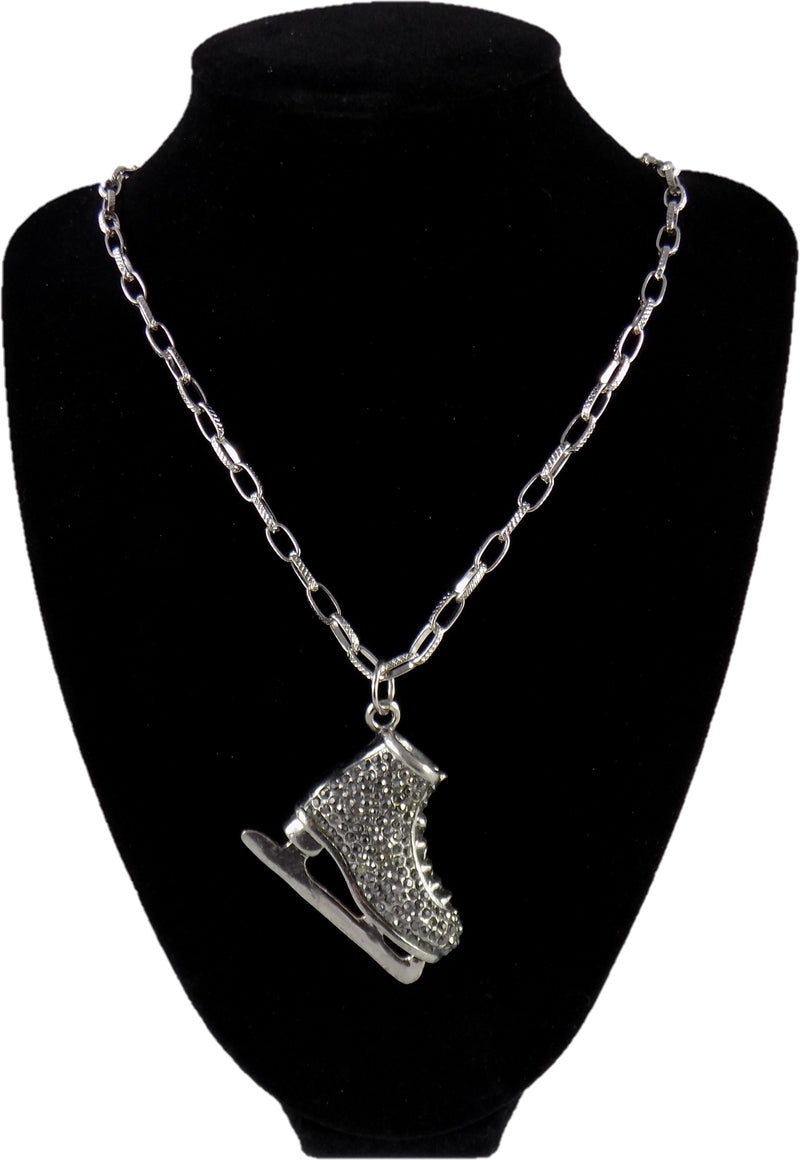 Necklace Pendant 3D Ice Skate Silvertone Rhinestone 22" Chain