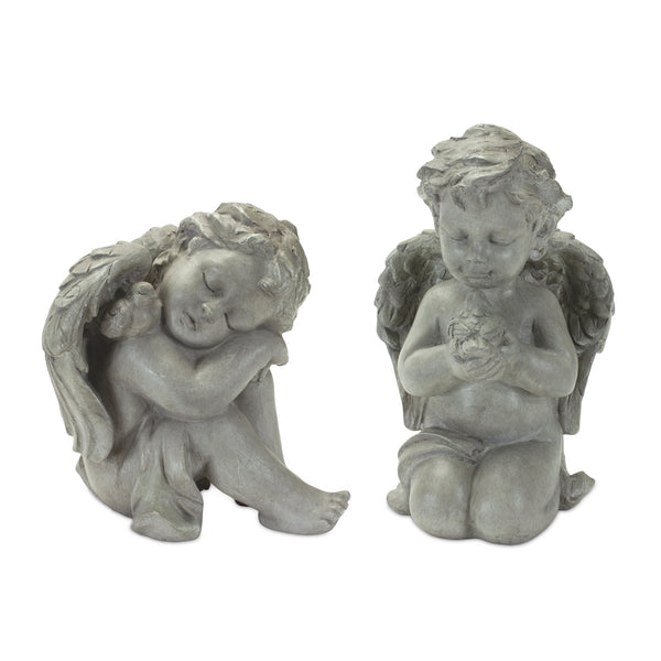 Sitting Cherub Angel Figurine with Bird Accent (Set of 2)