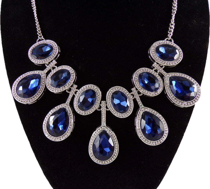 Statement Necklace Bib w/ Dark Blue Crystals & Rhinestones - Cocktail Wedding - 19" Elegant