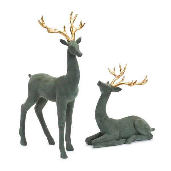 Green Flocked Deer Figurine with Gold Antlers (Set of 2)