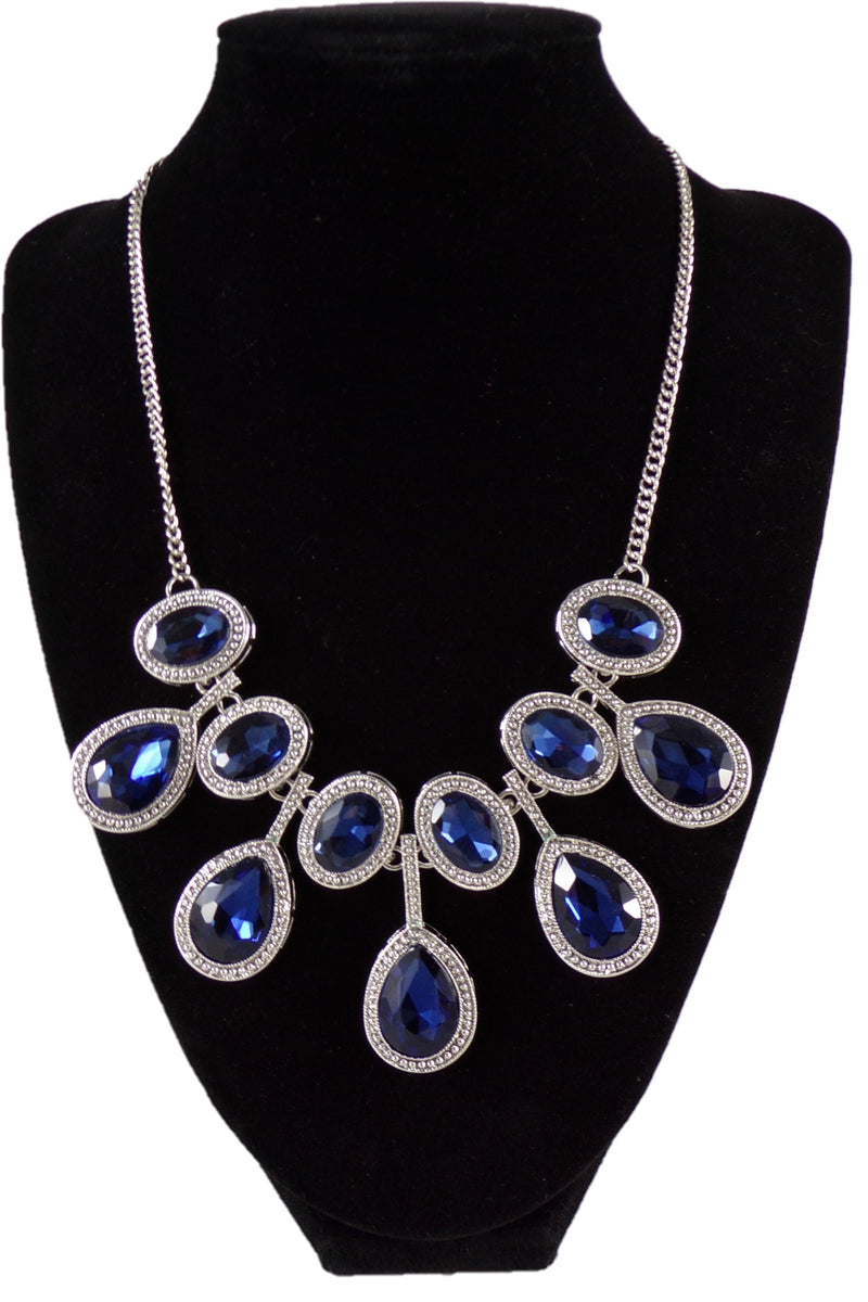 Statement Necklace Bib w/ Dark Blue Crystals & Rhinestones - Cocktail Wedding - 19" Elegant