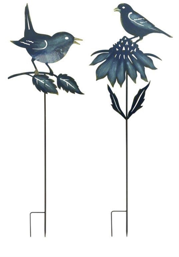 Iron Metal Cut Out Bird and Flower Garden Stake (Set of 2)