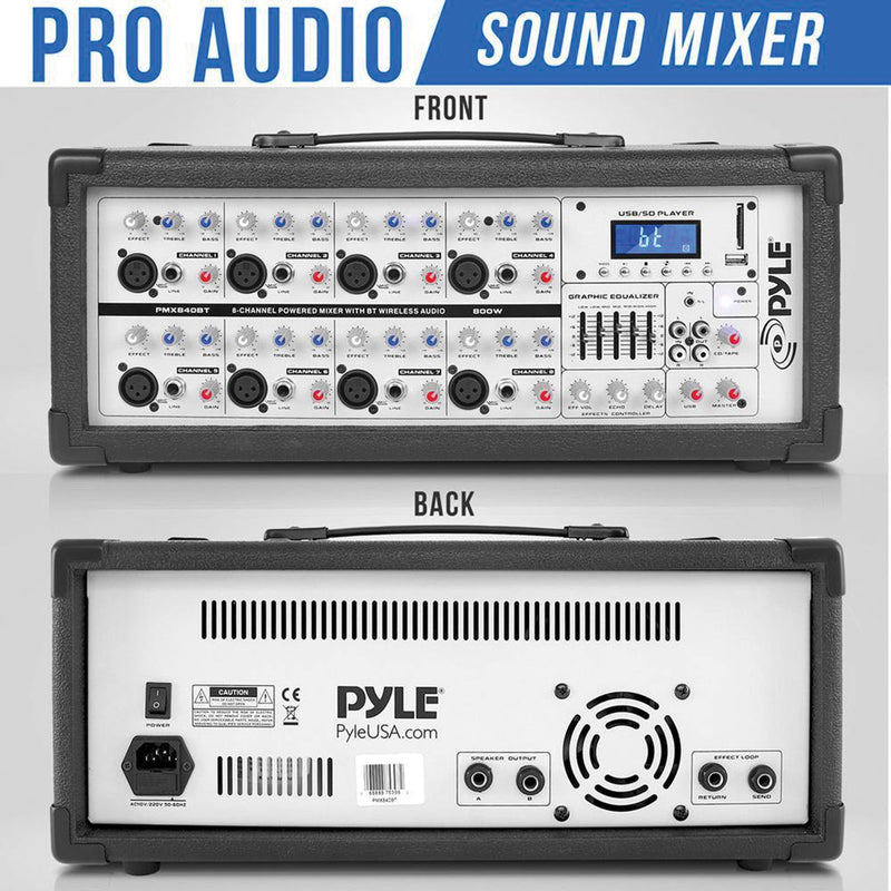 Pyle 8-Channel 800 Watt Bluetooth Audio Mixer - PMX840BT