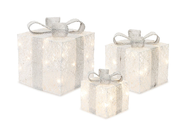 LED Lighted Presents with Silver Bow Ties (Set of 3)
