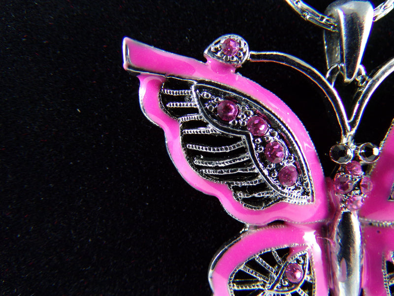 Butterfly Pendant Necklace - Pink Enamel w/ Rhinestone Crystals - 16" Fashion
