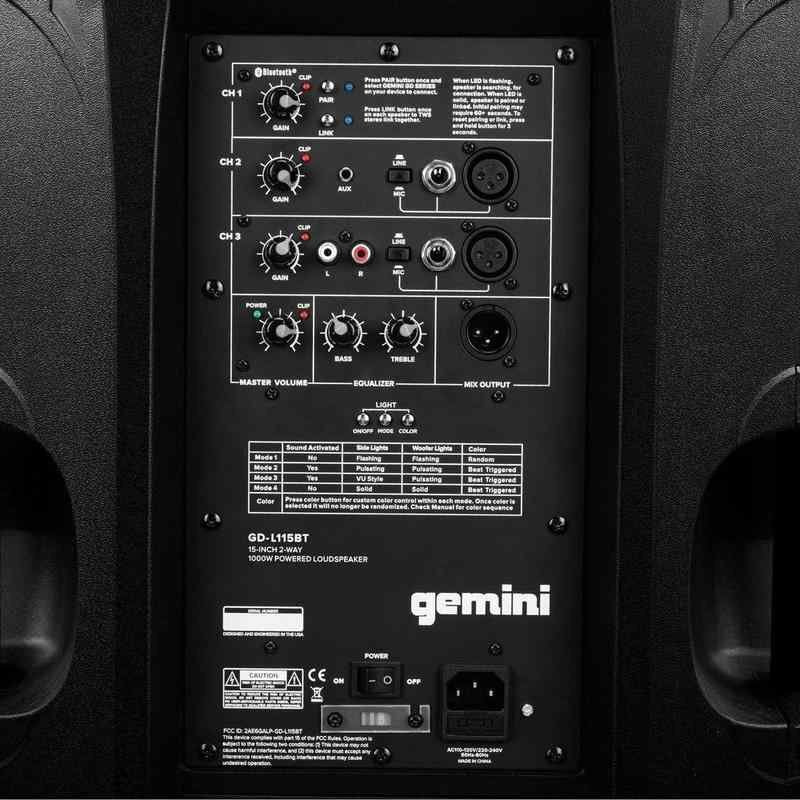 Gemini 1000 Watt LED Light Up Active Bluetooth PA System - GDL115BT