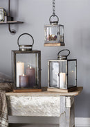 Metal Box Lantern with Wood Base (Set of 3)