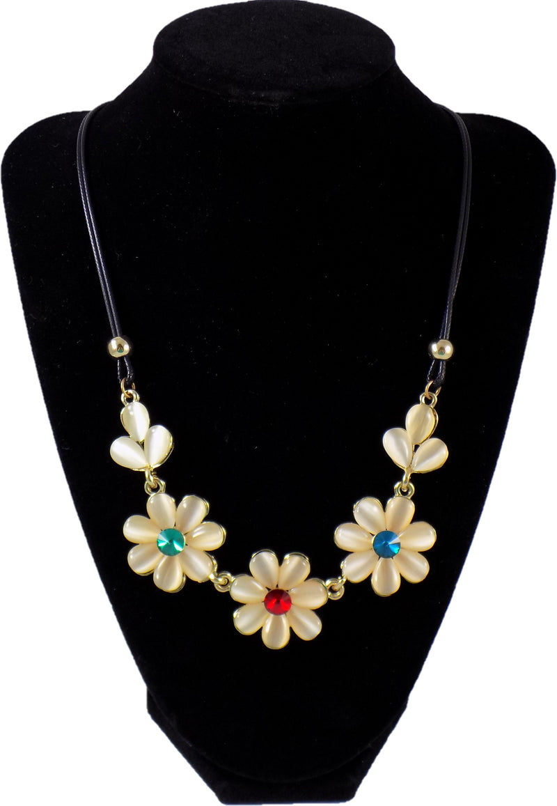Statement Necklace White Floral w/ Rhinestones & Leatherette Chain 18" Daisy