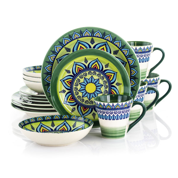 Elama Zen Green Mozaik 16 Pc Luxurious Stoneware Dinnerware w/ Setting for 4