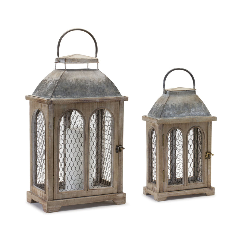 Wood Lantern with Chicken Wire Accent (Set of 2)