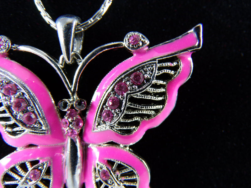 Butterfly Pendant Necklace - Pink Enamel w/ Rhinestone Crystals - 16" Fashion