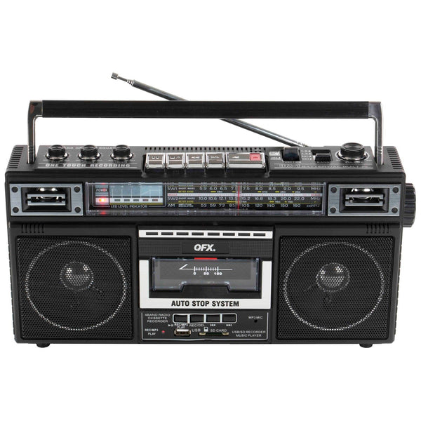 QFX ReRun X Cassette Player Boombox w/ 4-Band Radio, MP3 Converter & Bluetooth®