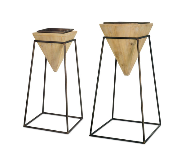 Modern Wood Planter in Metal Stand (Set of 2)