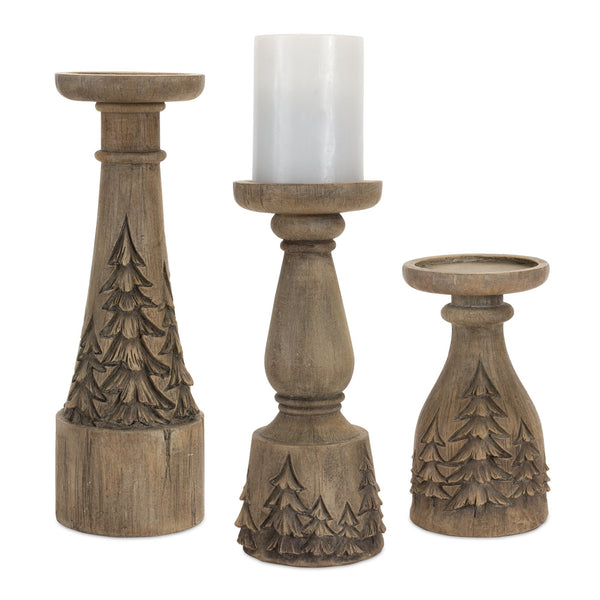 Rustic Carved Wood Design Candle Holder with Pine Trees (Set of 3)