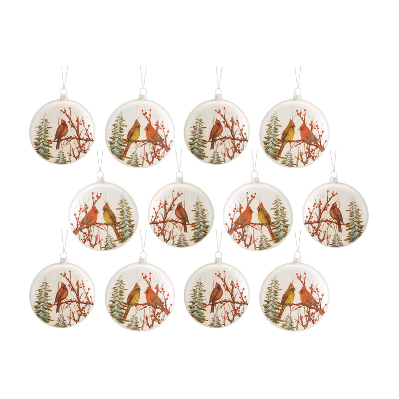 Glass Cardinal Pine Tree Disc Ornament (Set of 12)