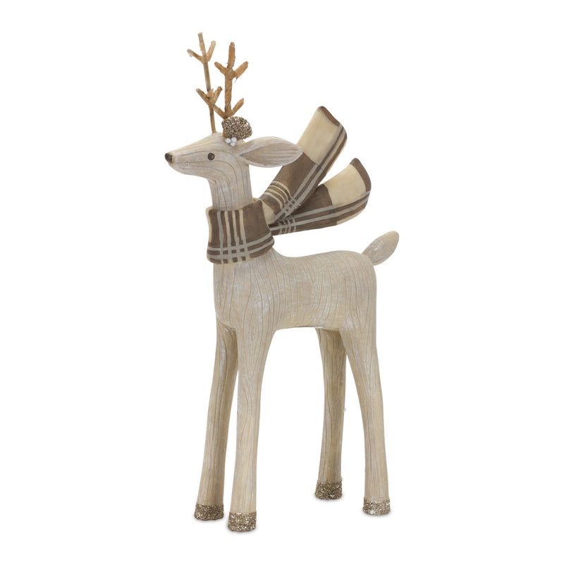 Winter Deer Figurine with Wood Grain Design and Scarf Accent (Set of 2)