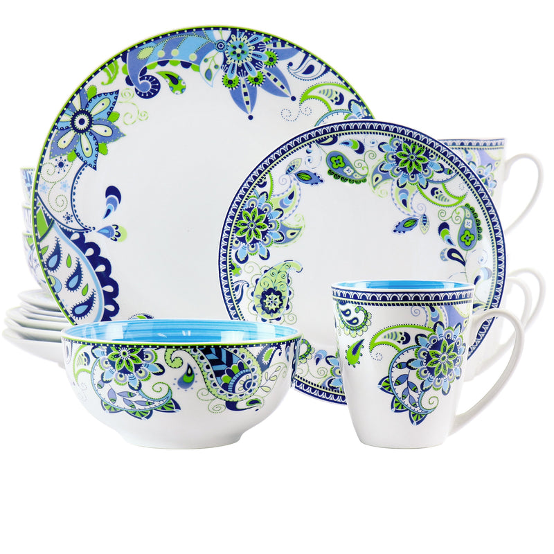 Elama Blue Fiesta 16 Piece Round Porcelain Dinnerware Set ELM-BLUEFIESTA16